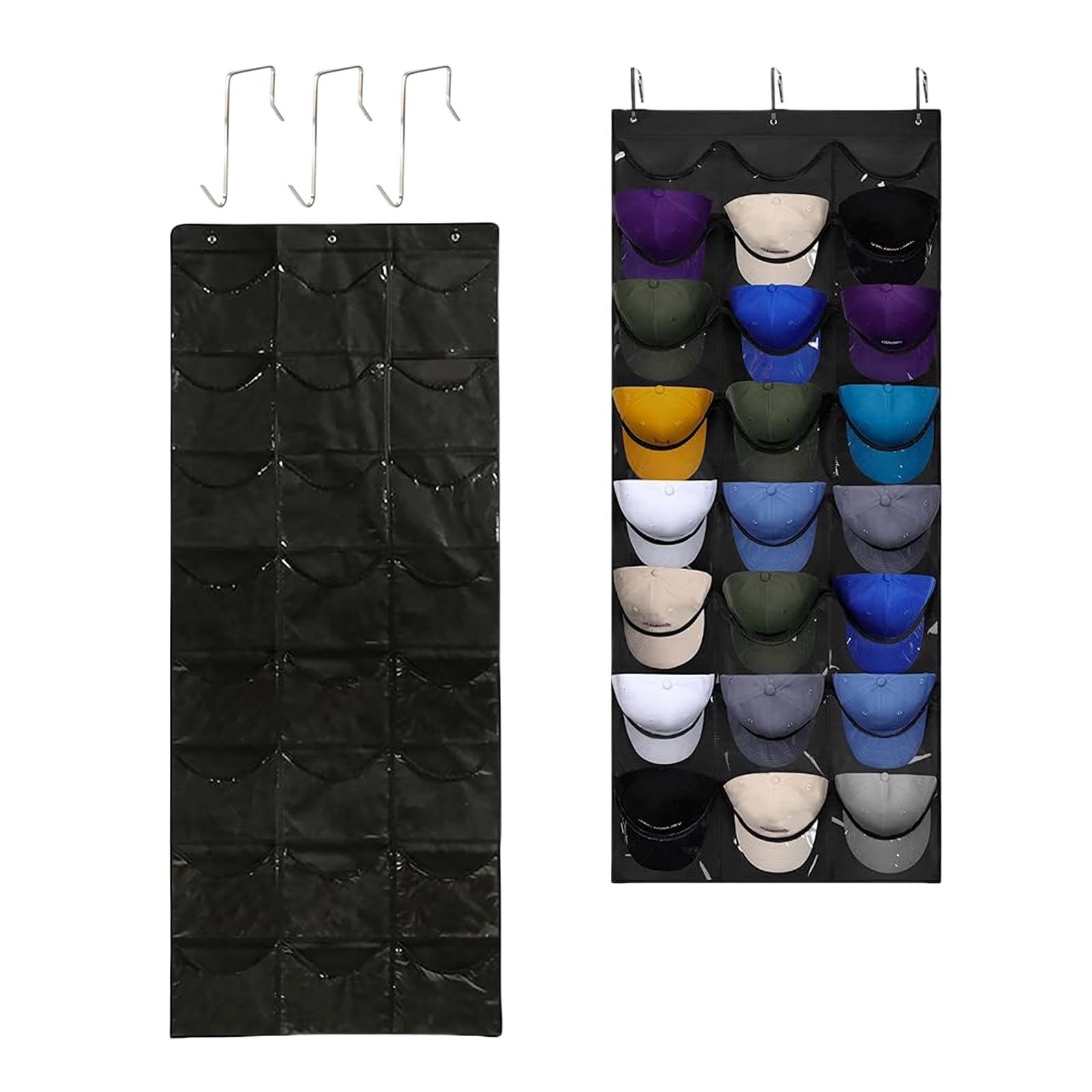 Desuibao 2 Pack Over the Door Hat Racks for Baseball Caps, 24 Clear Pockets Baseball Hat Rack for Door, Cap Rack Hat Organizer, Baseball Hat Holder Storage for Wall Closet Hanging, Black