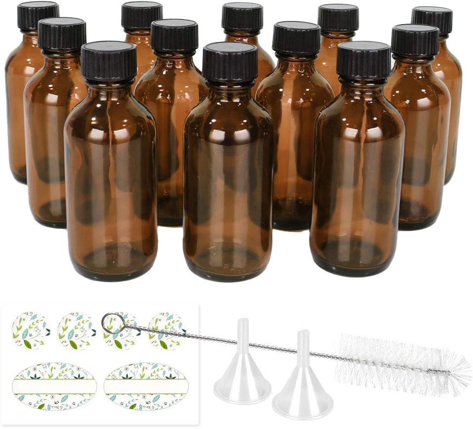 2 oz Glass Boston Bottles with Poly Cone Cap,Brush,Funnels and Labels, Amber Dispensing Bottles for Essential Oils, Chemical Lab,Home, Wedding Decor. Set of 12 Pack.