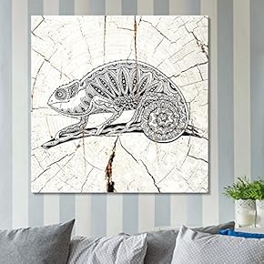 Square Canvas Wall Art - Tribal Chameleon Wood Effect Canvas - Giclee Print Gallery Wrap Modern Home Art Ready to Hang - 12x12 inches