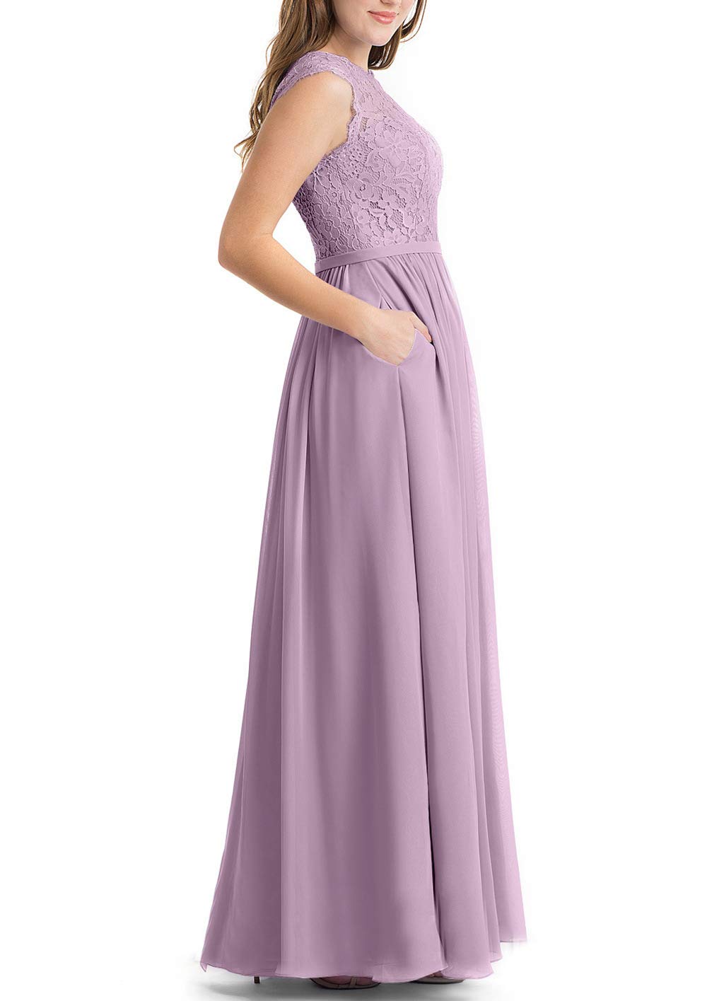 Dusty Blue Lace Bridesmaid Dresses with Cap Sleeves Slit Long Chiffon