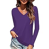 Elesomo Long Sleeve Shirts for Women Cotton Tshirts V Neck Spring Tops Basic Tee