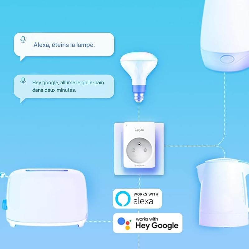 Prise Connectée WiFi, Prise Intelligente compatible avec Alexa et Google Home, 10A Type F, Contrôler le radiateur, la cafetière, la lampe à distance, aucun hub requis, Tapo P100(1-pack)