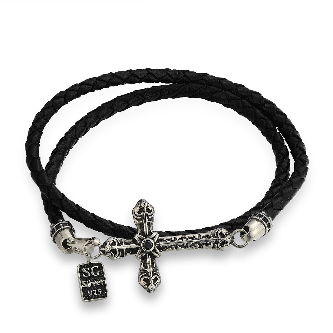 Santuzza Vintage Style Sideways Cross Leather Braided Bracelet Bangle for Women Men Sterling Silver Genuine Leather Braided Double Strap