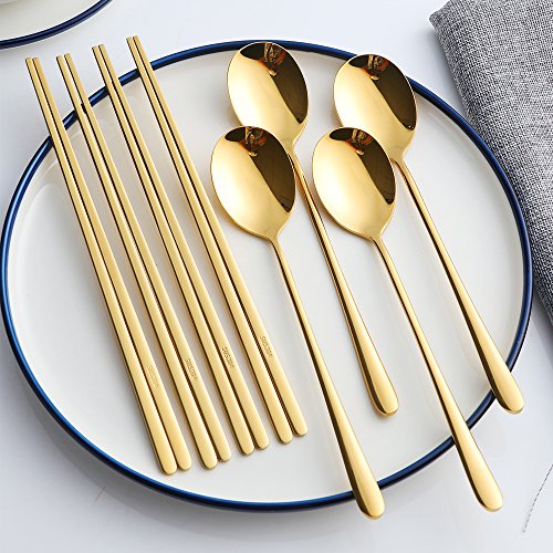 Buyer Star 4 Set Spoon Chopsticks, Gold Reusable Metal Stainless Steel Korean Chopstix Spoon Set