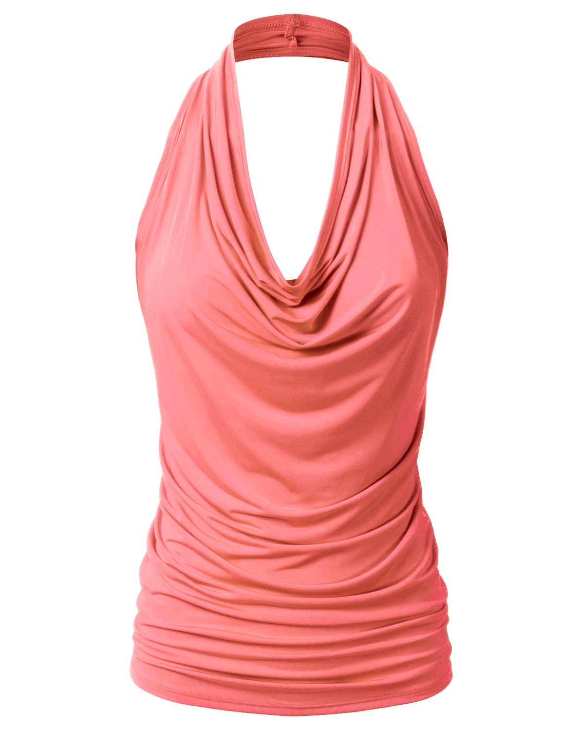 Photo 1 of EIMIN Women's Casual Halter Neck Draped Front Sexy Backless Tank Top Coral M