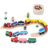 Joqutoys 31 PCS Wooden Train Cars - Magnetic Train Set Includes 15 Cars, 10 Bonus Connectors & Storage Bag, Wooden Train Set Toy Train for Kids Toddlers, Compatible with Major Brands Train Tracks Set