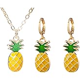 Pingyongchang Pineapple Earrings Necklace for Women Yellow Ruit Green Leaf Pineapple Earings Pendant Necklace Cute Fashion Dangle Necklace Jewellery Set