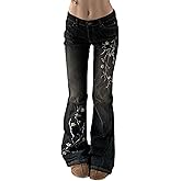 Women Bell Bottom Jeans Stretchy Flare Mid Rise Embroidery Vintage Denim Pants 90s Outfits Y2k Clothes