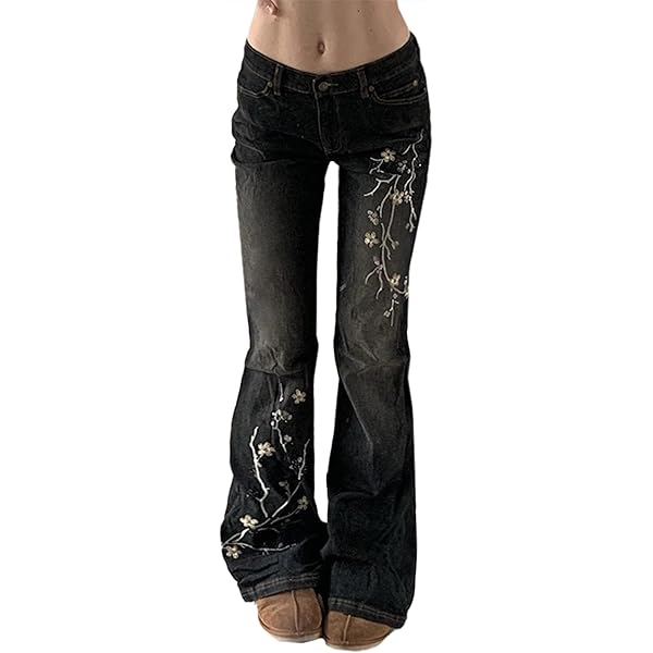 HOXIJIA Women Low Rised Wide Leg Denim Pants Y2k Solid Baggy