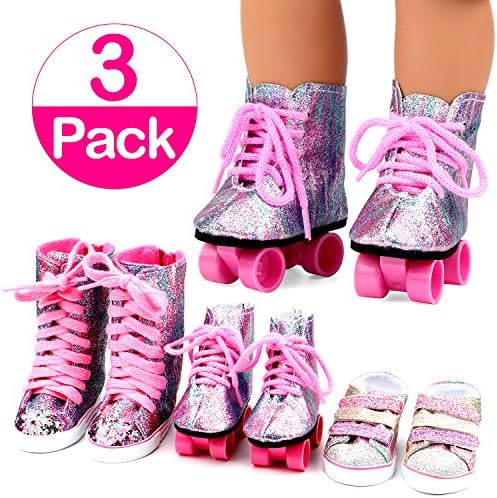 18 Inch Doll Shoes 3 Pairs Glitter Roller Skates,Sports Shoes,High Waist Boots For American Girl Dolls by ANNTOY