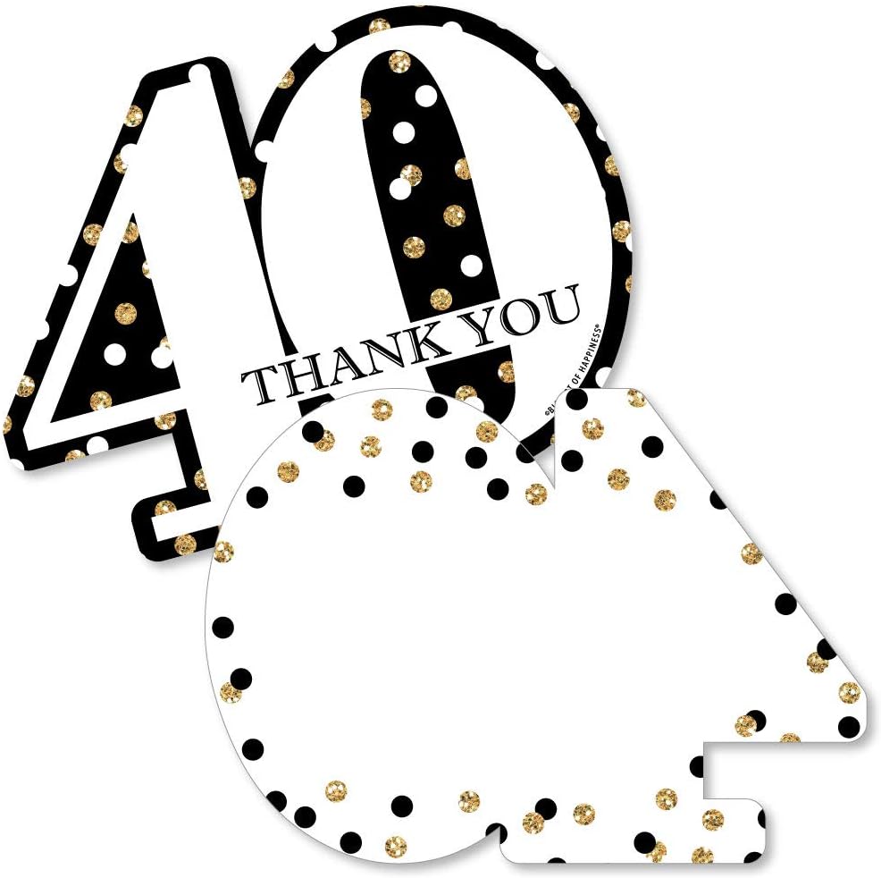 Big Dot of Happiness Adult 40th Birthday - Gold - Shaped Thank You Cards - Birthday Party Thank You Note Cards with Envelopes - Set of 12