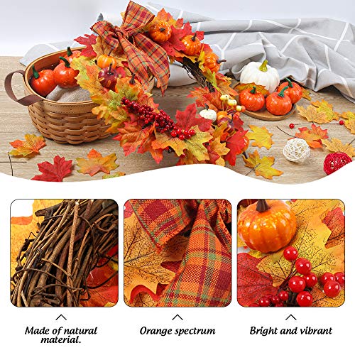 HAKACC 15 inch DIY Fall Wreath Autumn Wreath Supplies with Grapevine Wreath, Pumpkin,Maple Leaves and Artificial Berries for Autumn Halloween Thanksgiving Day