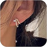 LOVPEPY Valentines Day Gifts Gold Huggie Split Double Hoop Earrings for Women 14k Plated Gold 925 Sterling Silver Dainty White CZ Huggie Illusion Stud Earrings to Daughter Oval Cuff Earrings Birthday Wedding Gifts