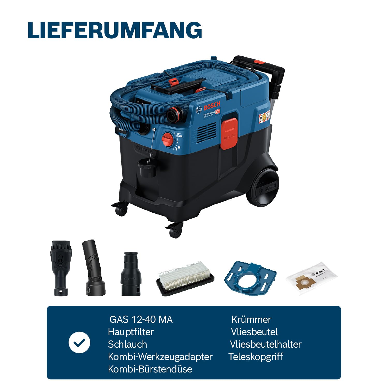 Bosch Professional Allessauger Gas 12-40 MA (1200 W, automatische Filterreinigung (AFC), inkl. Hauptfilter, Schlauch, Kombi-Werkzeugadapter, Kombi-Bürstendüse) 6