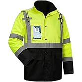 LIZMOF Hi Vis Jackets for Men, Safety Jackets for Men and Women with Pockets, Reflective Construction Work Coat, High Visibility Rain Gear, Waterproof, Yellow, Long, XL