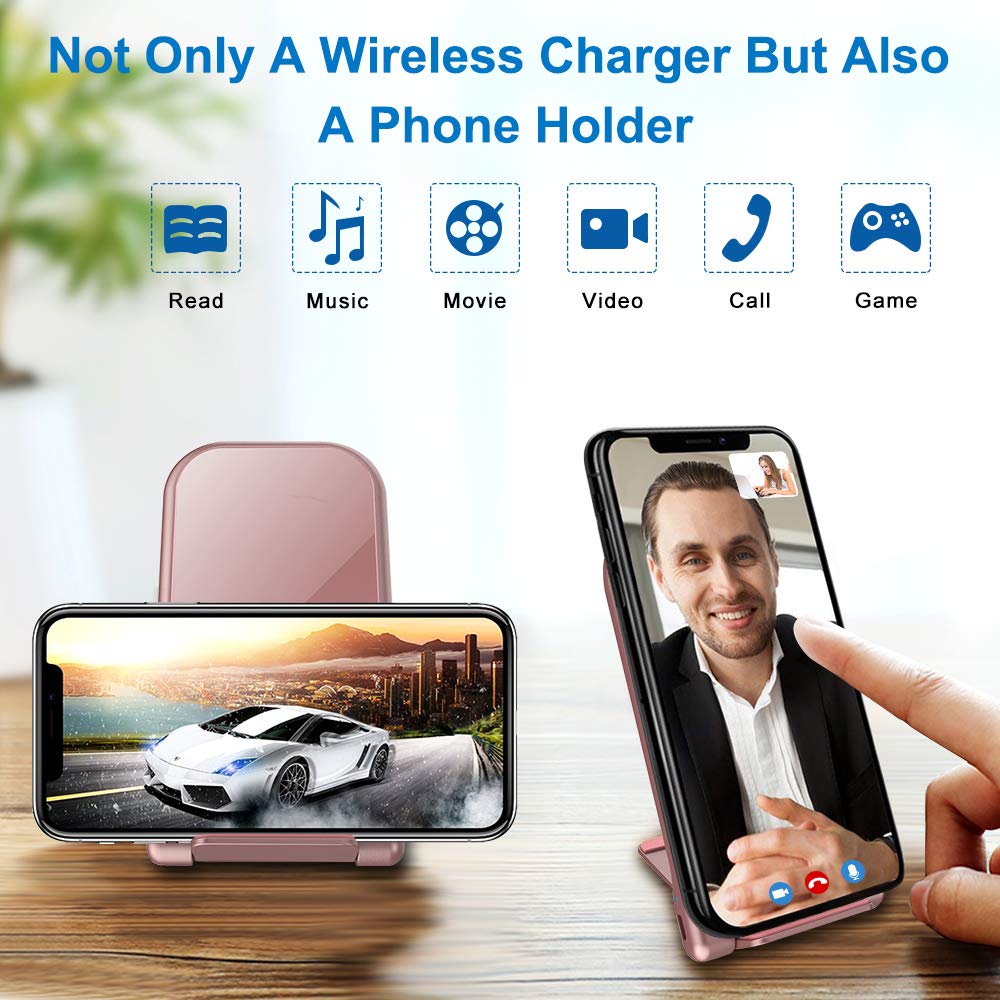KZY Fast Wireless Charger Stand, QI Certified Wireless Charger Compatible for iPhone X/8/8+,Folding Wireless Stand Charger for Galaxy S9/S9+ S8/S8+ Edge, Rose Golden (with QC 3.0 AC Adapter)