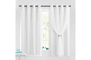 NICETOWN Double Layered Stars and Moon Cut Out Blackout and Sheer Window Curtain Panel for Girls Bedroom, Grommet Window Treatment Drapes for Christmas Decor, 2 Panels, 52W x 63L, Greyish White