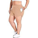 COOTRY Women's Athletic Shorts Plus Size High Waisted Quick Dry Gym Running Workout Clothes with Zip Pockets 3 Inch