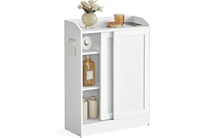 VASAGLE Narrow Storage Cabinet, Slim Floor Cabinet with Sliding Doors, Toilet Paper Holder and Brush Compartment, for Bathroom and Living Room, 7.9 x 23.6 x 31.5 Inches, Cloud White UBBC752W01