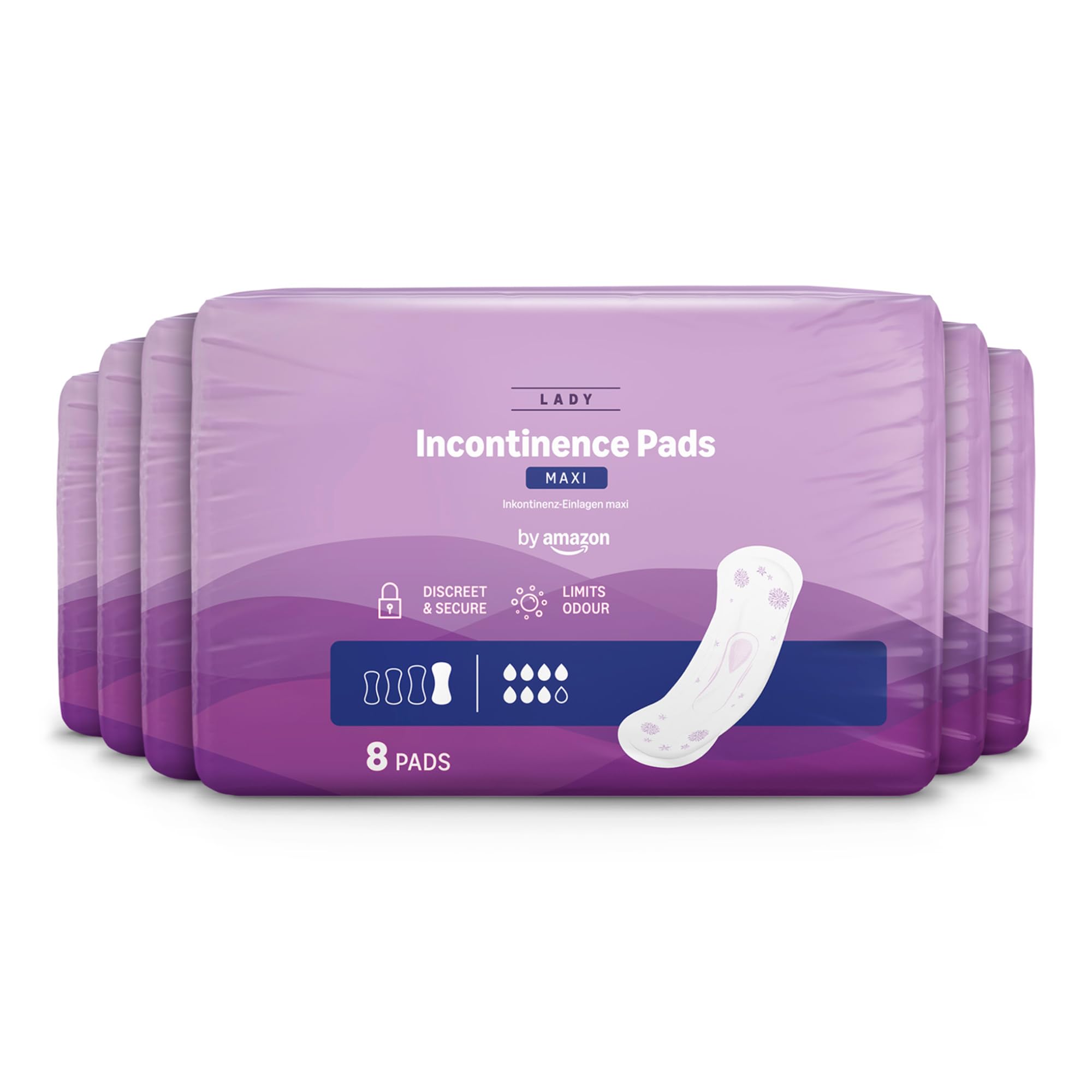 by Amazon Incontinence Pads Maxi, Unscented, 48 Count (6 Packs of 8), (Previously Amazon Basic Care - Packaging May Vary)