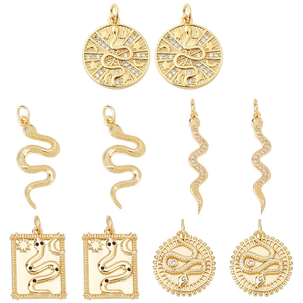 Beebeecraft 1 Box 10Pcs 5 Style Snake Charms Real 18K Gold Plated Snake Cubic Zirconia Animal Pendants with Jump Ring for DIY Jewelry Making