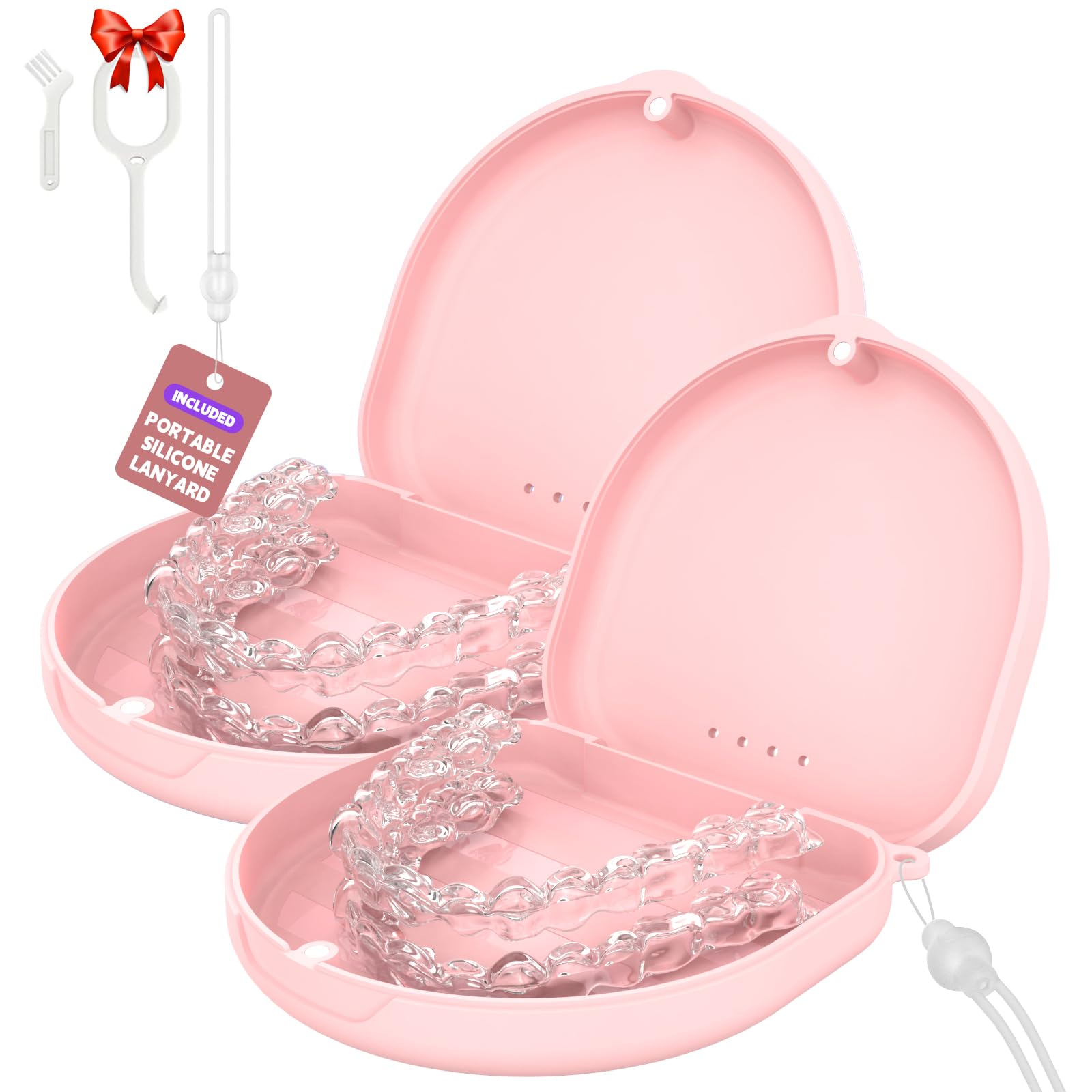 Photo 1 of 2Pack Retainer Case, Compatible with Invisalign, Slim Aligner Case with Vent Holes, Portable Orthodontic Box with Removal Tool, Brush and Lanyard, Pink