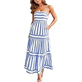 chouyatou Women Spaghetti Strap Back Smocked Maxi Striped Dress Summer Casual Floral Flowy Beach Sun Dress