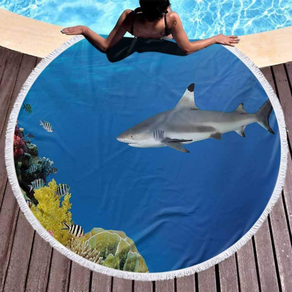 Circle Beach Towel Shark Oversized Beach Towel Tropical Underwater World with Fishes Swimming and Coral Reef Serene Wildlife Picture with Tassel ,High Color fastness Multicolor (Diameter 59")