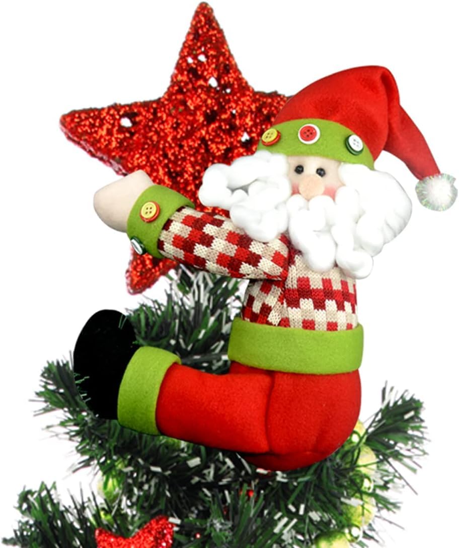 KAHEIGN Christmas Tree Topper, 33CM Large Santa Claus Xmas Tree Top Hat with White Beard and Plaid Jacket for Curtain Tie Hugger Wine Bottle Home Christmas Holiday Winter Party Decor