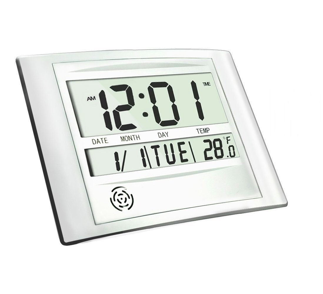 Digital Wall Clock, HeQiao Decorative 12 Inch Desk Shelf Clocks Silent Battery Operated Large LCD Display Temperature Calendar Day Snooze Alarm Clock for Home Office (Luxury Silver)