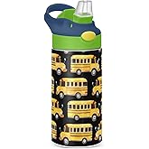 Wfrish School Bus Kids Water Bottle with Silicone Straw and Carry Handle Truck Vacuum Insulated Stainless Steel Bottles Leak-Proof Leakproof Flask Tumbler for Girls Boys Toddlers 12 oz Green Lid