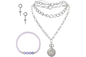 NEOVISTA Demon Kpop Rumi Jewelry Set – Chain Necklace, Cross Earrings & Elastic Glass Bead Bracelet with RUMI Letters, Fan Inspired Costume Accessories