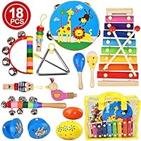 Villana Musical Instruments Toys for Toddler, 18Pcs Kids Musical Wooden Percussion Instruments with Storage Bag, Tambourine, Xylophone, Maracas, Castanets Preschool Educational Learning Toys for Kids