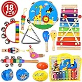 Villana Musical Instruments Toys for Toddler, 18Pcs Kids Musical Wooden Percussion Instruments with Storage Bag, Tambourine, Xylophone, Maracas, Castanets Preschool Educational Learning Toys for Kids