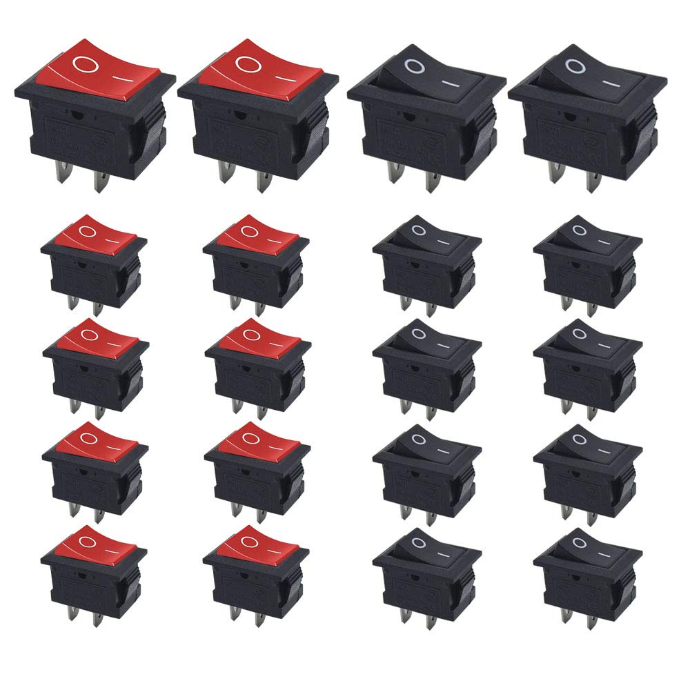Senven 20Pcs ON/OFF Toggle Switch, 2 Strokes Mini Boat Rocker Switch Automotive Switch AC 6A / 250V, 10A / 125V, Mini Electronic On Off Switch for Car, Boat, Home Appliances (Red +10 Black +10)