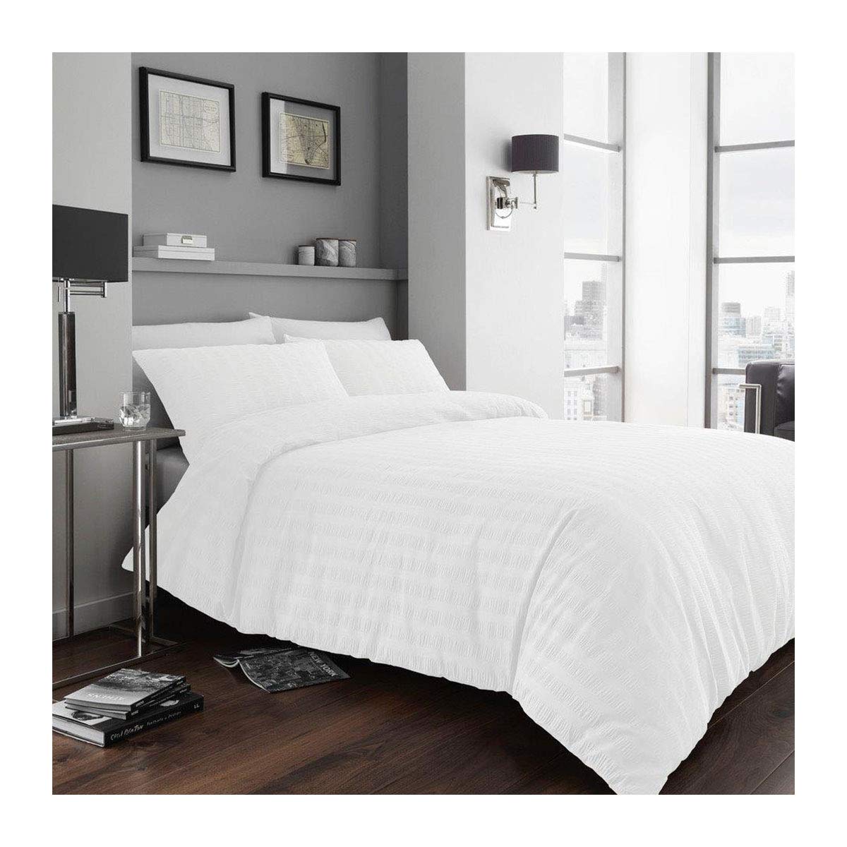Gaveno Cavailia Striped Crinkle Textured Seer Sucker Duvet Set King White, Puckering Cotton Blend Cosy Bedding, 3 Piece Bedset, Easy Care DuvetCover, 1 Quilt Cover and 2 Pillow Cases