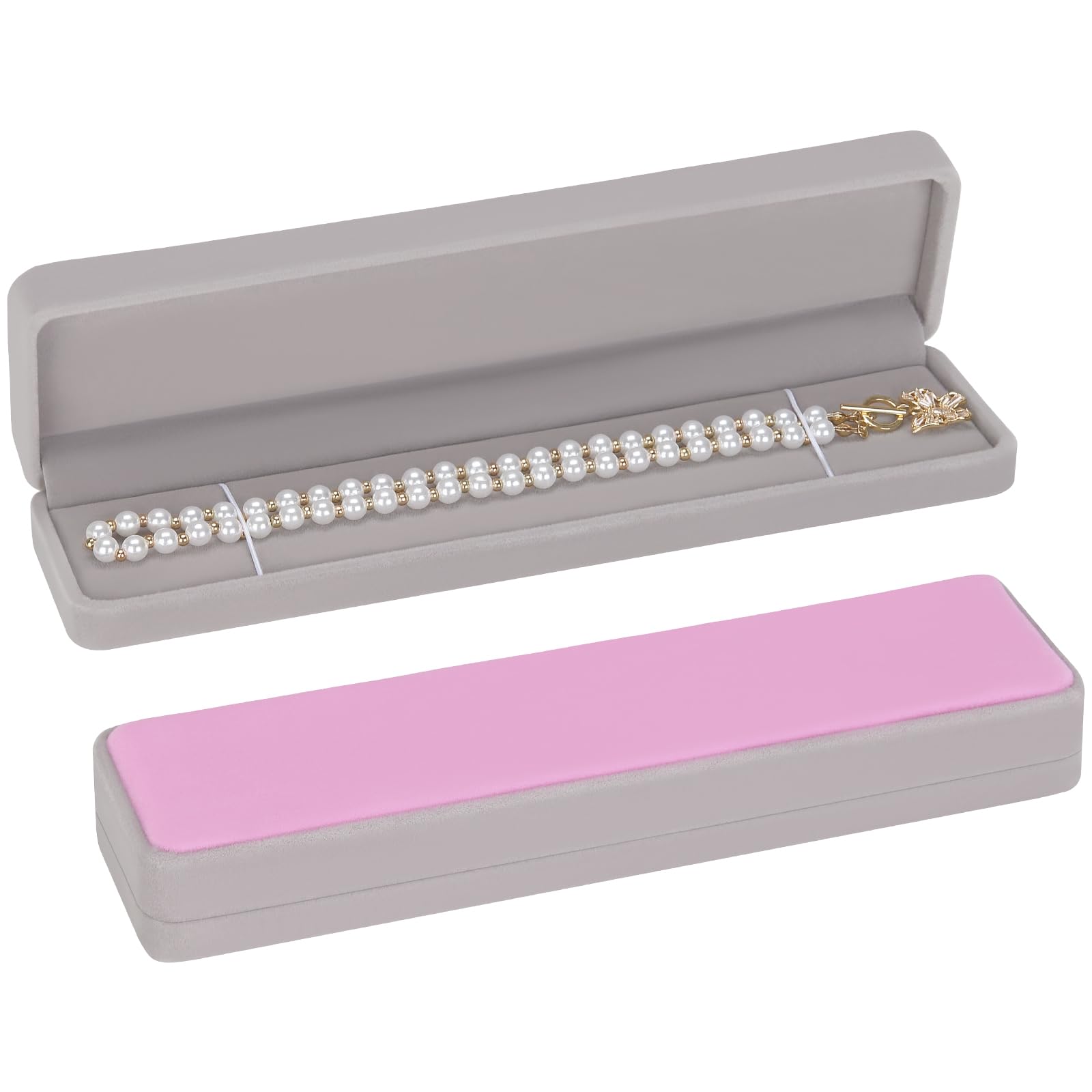 Photo 1 of LETURE 2 Pieces Long Velvet Chain Necklace Gift Box Set, Bracelet Storage Case, Jewellry Display Box for Wedding, Engagement,Proposal, Birthday and Anniversary (Pink/Grye-2PCS)