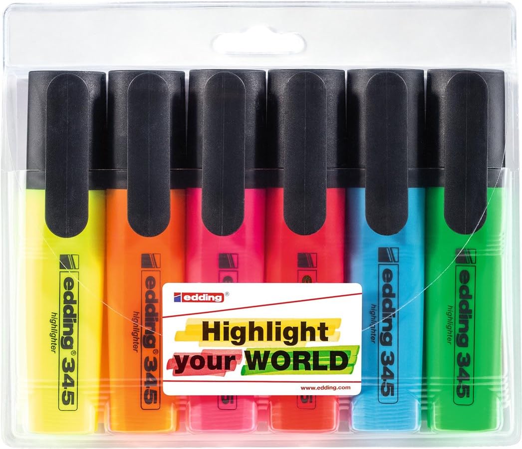 edding 345 highlighter - set of 6 - chisel nib 2-5 mm - ideal for bright markings and highlighting text passages and notes