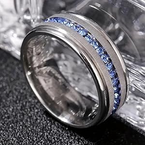 Men's Ring Inlaid with Blue Diamond, Brushed Stainless Steel Band, Minimalist Business-style Couple Matching Rings, Fashion J