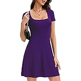 MISMI Womens Summer Dresses Square Neck Short Sleeve Ruffle Hem A Line Flare Mini Basic Dress