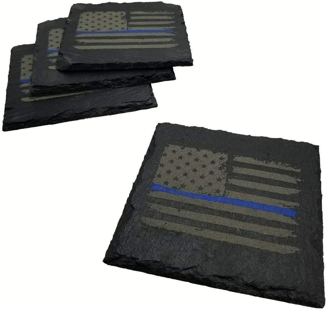 Police Thin Blue Line Distressed American Flag Slate Coaster Set