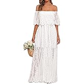 Holipick Women's Off Shoulder Lace Maxi Dress Boho Wedding Guest Bridesmaid Beach Formal Long Dress
