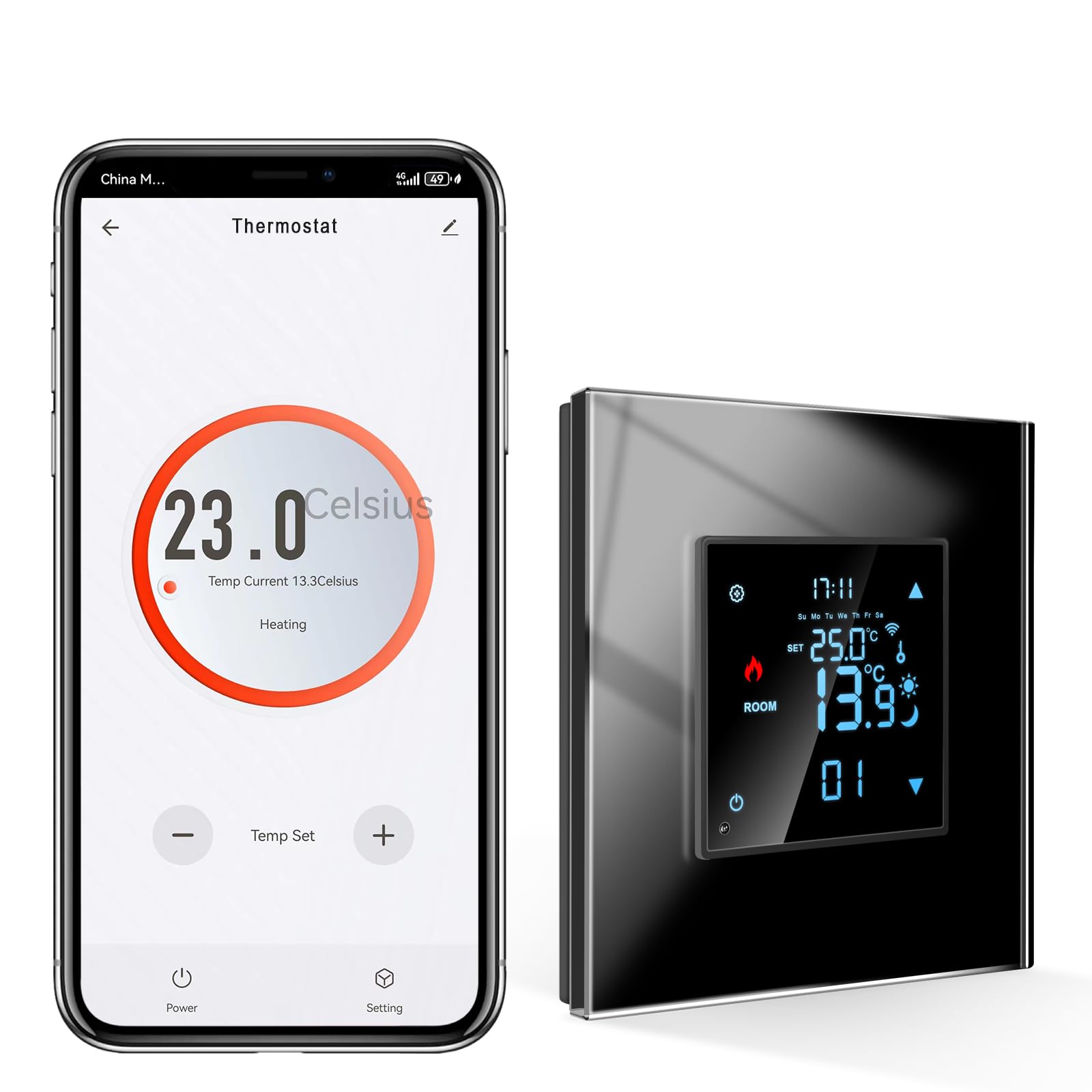 CNBINGO Zigbee Smart Thermostat 2.4G WiFi Flush-Mounted with Crystal Glass Panel Digital Room Thermostat Compatible with Alexa/Google Home/Smart Life/Tuya APP, Black