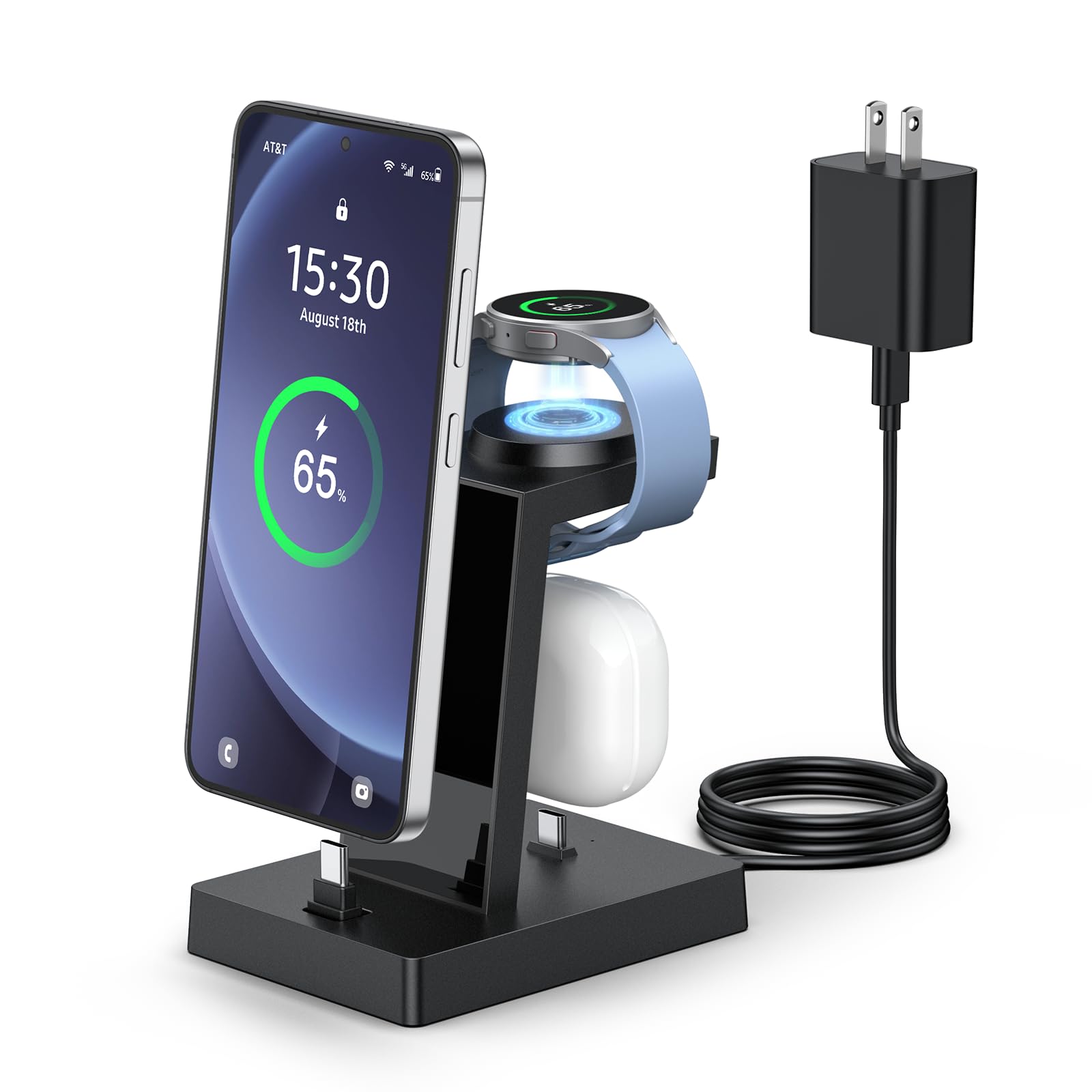 NANAMI 30W USB C Charger for Samsung Devices, 3 in 1 Charging Station for Samsung Galaxy Watch 7/6/5/4/3, Stand for Galaxy S26 Ultra S25 S24 S23, iPhone 17/16/15 Pro Max, Buds Pro(Not for Apple Watch