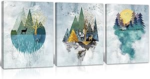 Abstract Wall Art Mountain Watercolor like Painting Wall Decor Canvas Wooden Framed. 3 pieces set, each panel size 16