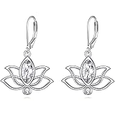 YFN Lotus Flower Earrings Sterling Silver Birthstone Lotus Leverback Dangle Drop Earrings Jewelry Gifts for Women