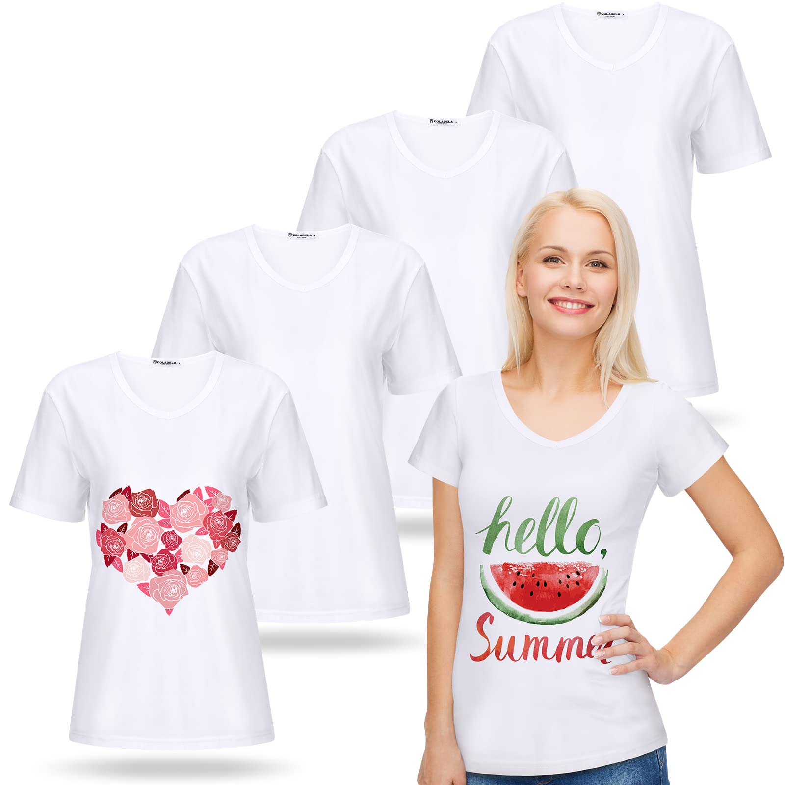 Photo 1 of Women's V Neck Sublimation T-Shirt 4 Pack White V Neck Blank T-Shirt Short Sleeve Shirts for Women Blouse(Small)