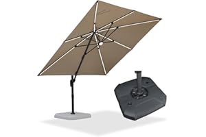 PURPLE LEAF 10 Feet Patio Umbrella with Base Outdoor Cantilever Solar Powered LED Square Umbrella Aluminum Offset Umbrella with 360-degree Rotation for Garden Deck Pool Patio, Beige