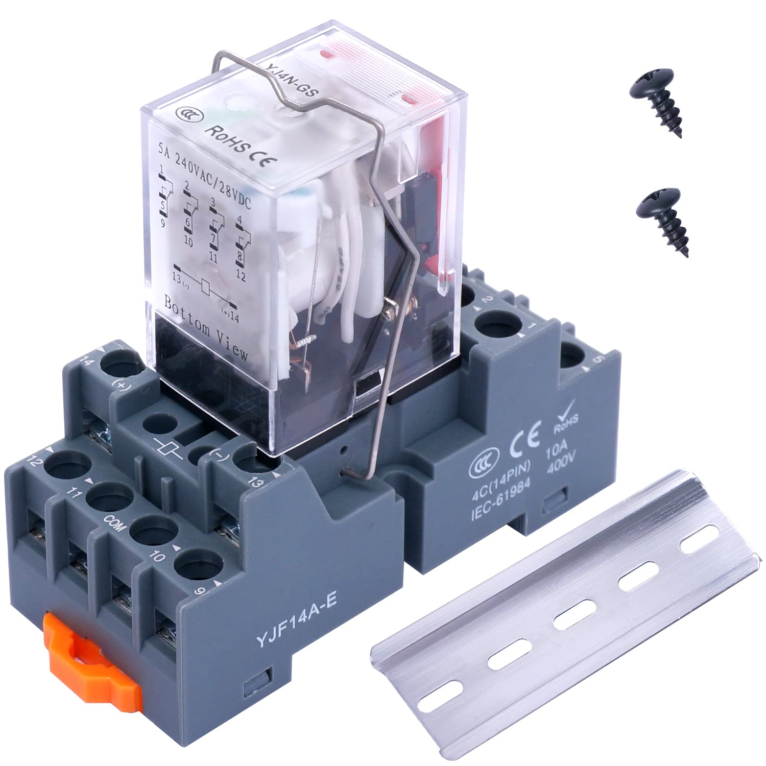 Taiss/DC 24V LED indicator Electromagnetic Coil Relay 14 Pins 10A DPDT 4NO+4NC with Socket Base、DIN Rail Aluminum、screw YJ4N-GS DC 24V
