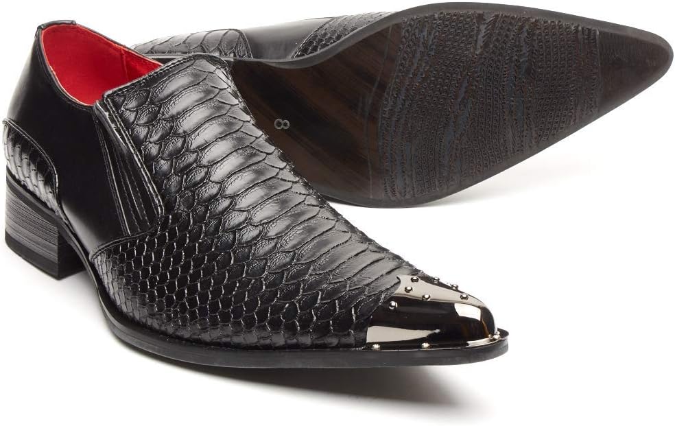 Rossellini Mens Western Pointed Metal Toe Cowboy Shoes Crocodile Textured Leather Black Crocodile Snakeskin Loafers Shoes